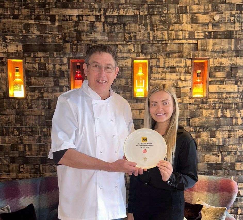 Seafield Arms head chef Luke Green and general manager Ailie Flett proudly show off the hotel's AA rosette. Picture: Seafield Arms Hotel