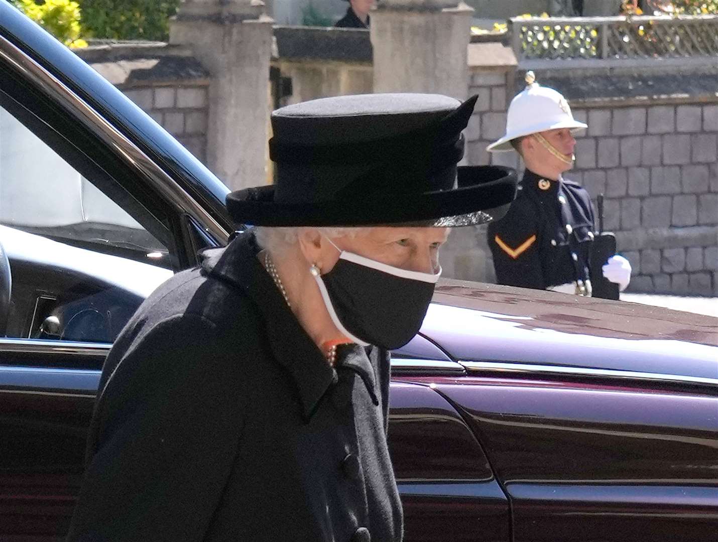 The Queen arrives for the funeral of her husband the Duke of Edinburgh at St George’s Chapel, Windsor Castle (Jonathan Brady/PA)