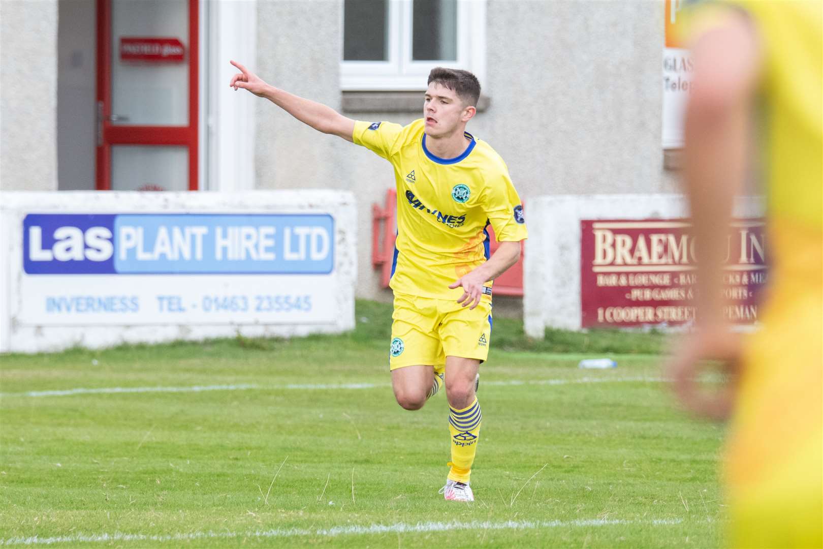 Buckie's Marcus Goodall wheels away to celebrate his second goal of the afternoon. ..Lossiemouth FC (1) vs Buckie Thistle (2) - Scottish Cup 2022/23 - Grant Park, Lossiemouth 17/09/2022...Picture: Daniel Forsyth..