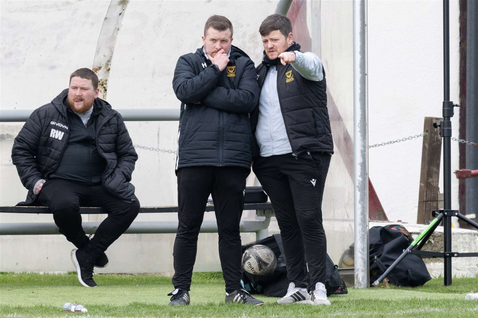 Huntly manager Allan Hale and assistant Stefan Laird discuss their tactics. Picture: Beth Taylor.