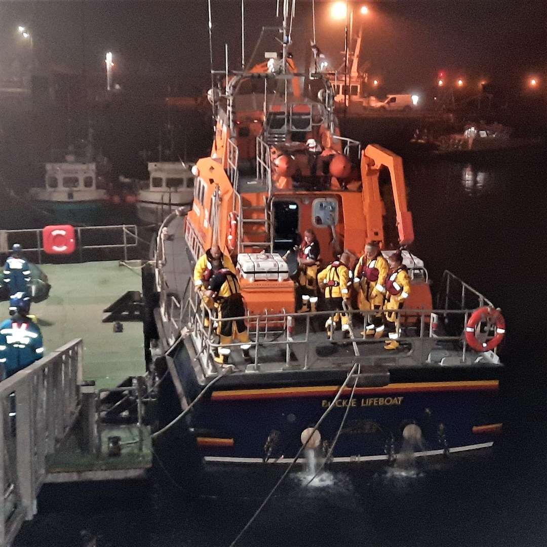 The Buckie lifeboat returns after a long evenings involvement in searches