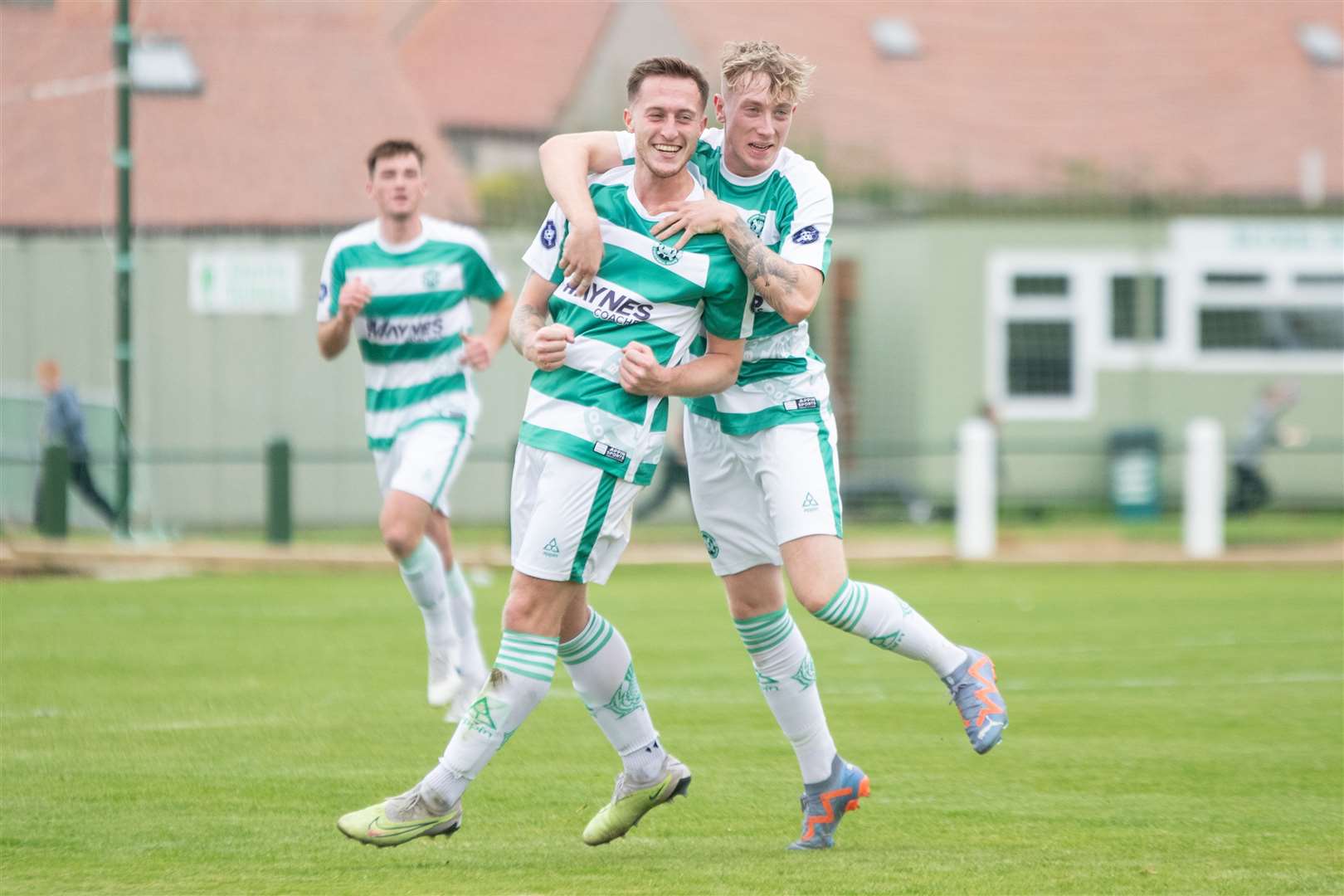 Buckie Thistle's Dale Wood (centre) celebrates his goal with Jack Maciver...Buckie Thistle FC (6) vs Nairn County FC (0) - Highland Football League 23/24 - Victoria Park, Buckie 30/09/2023...Picture: Daniel Forsyth..