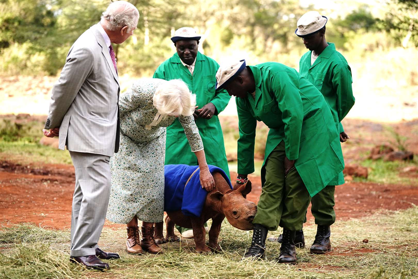 The King and Queen also met Raha, a year-old rhino who nibbled at a keeper’s trousers (Victoria Jones/PA)