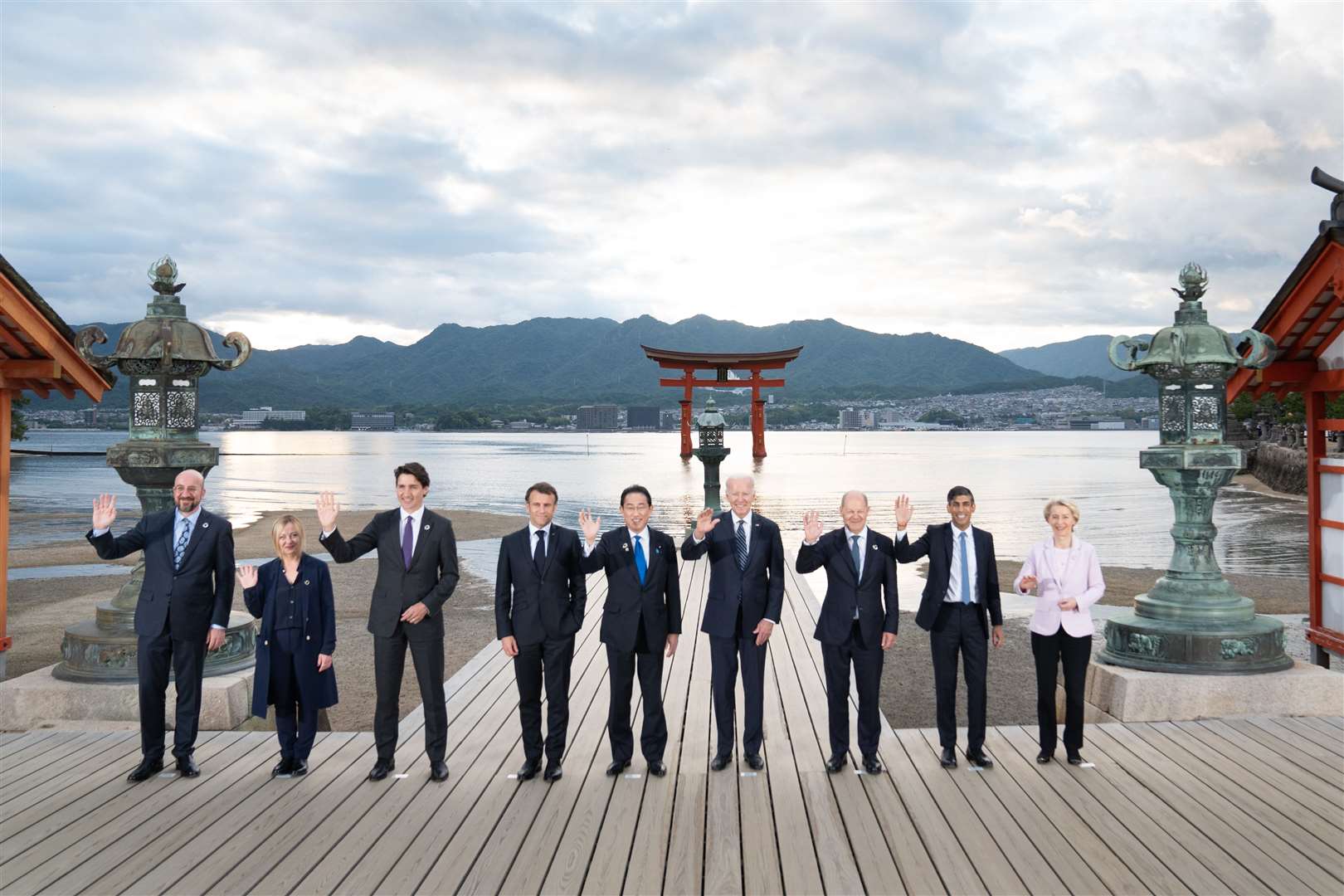 World leaders, including Prime Minister Rishi Sunak and European Commission President Ursula von der Leyen, pose at the Itsukushima Shrine during the G7 Summit in Hiroshima, Japan (Stefan Rousseau/PA)