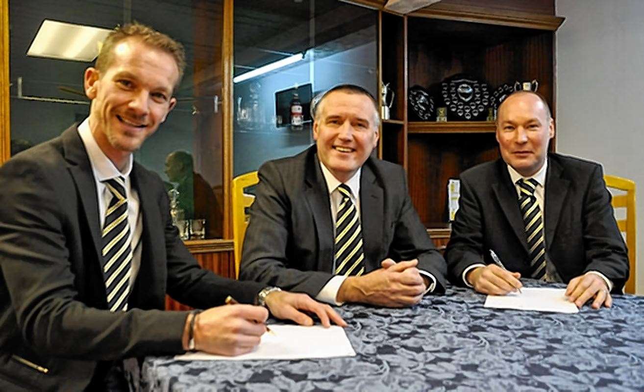 .Andy Roddie (left) and Tommy Wilson (right) with then chairman George Clark after being appointed as Huntly co-managers in 2016.
