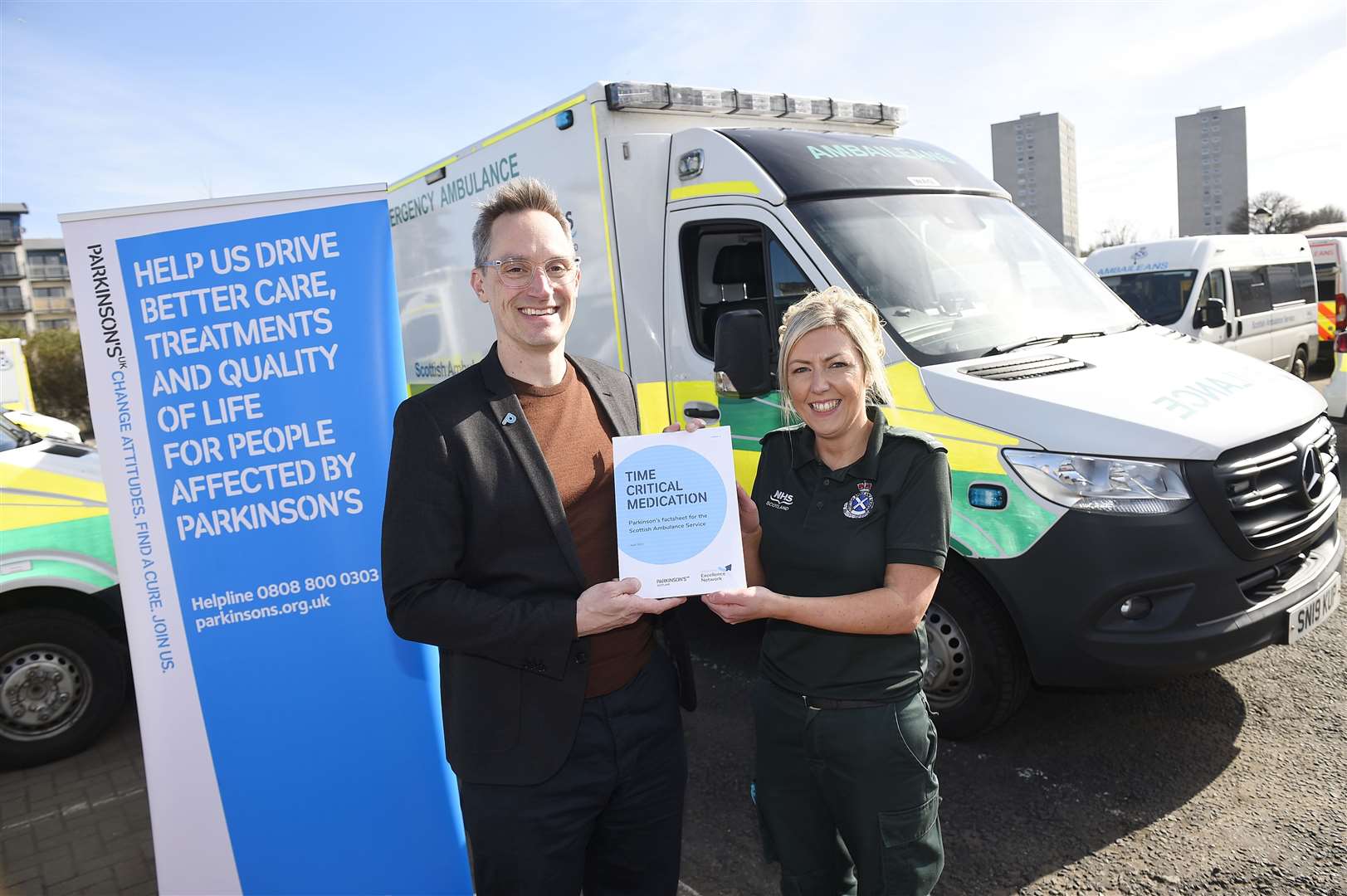 James Jopling (Parkinson’s UK Scotland Director) and Laura Stewart (Paramedic Clinical Team Leader) pictured with new Parkinson’s UK documentation for treating patients. Picture Greg Macvean