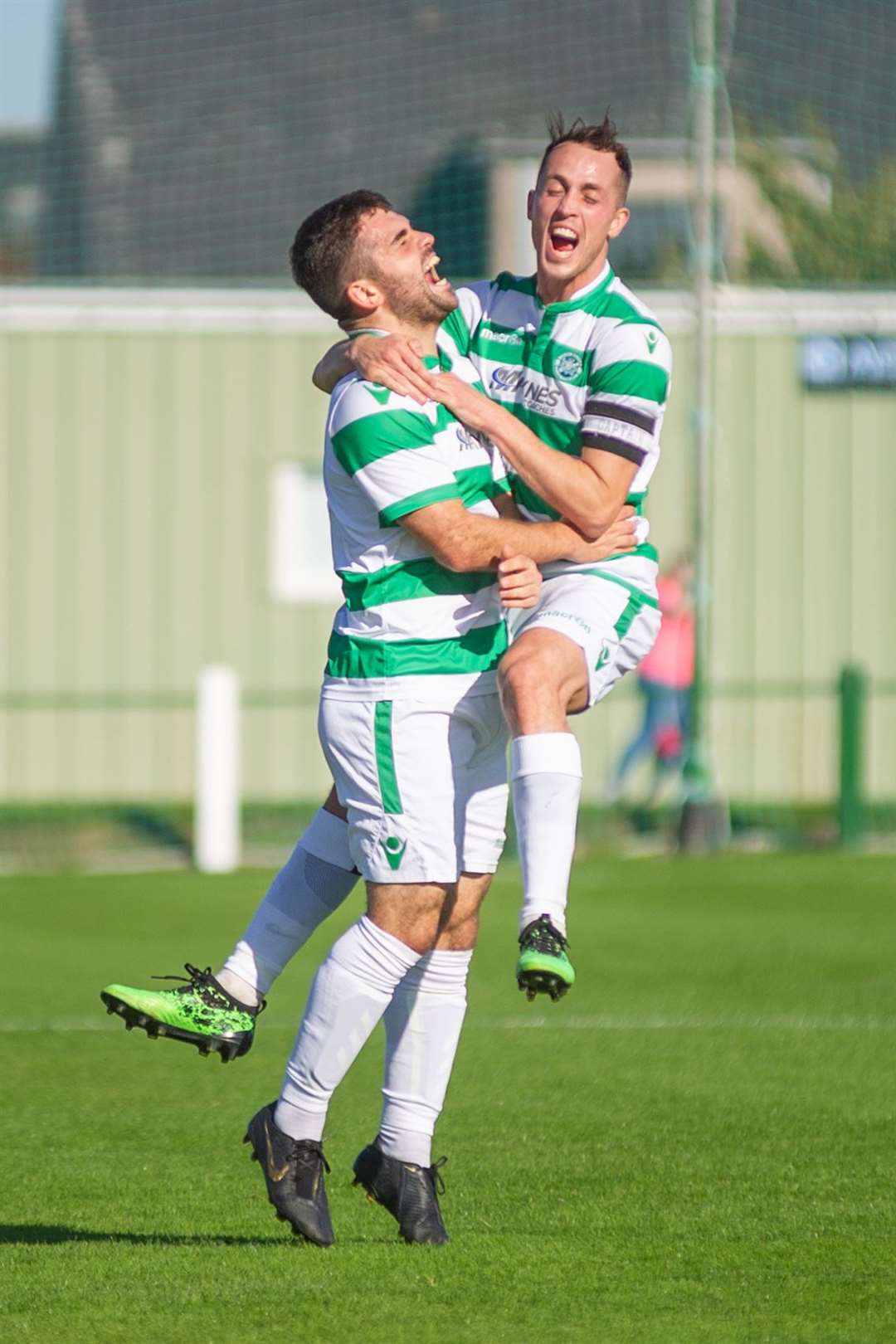 Andy MacAskill celebrates his Scottish Cup goal against Civil Service Strollers with captain Kevin Fraser, Picture: Daniel Forsyth..