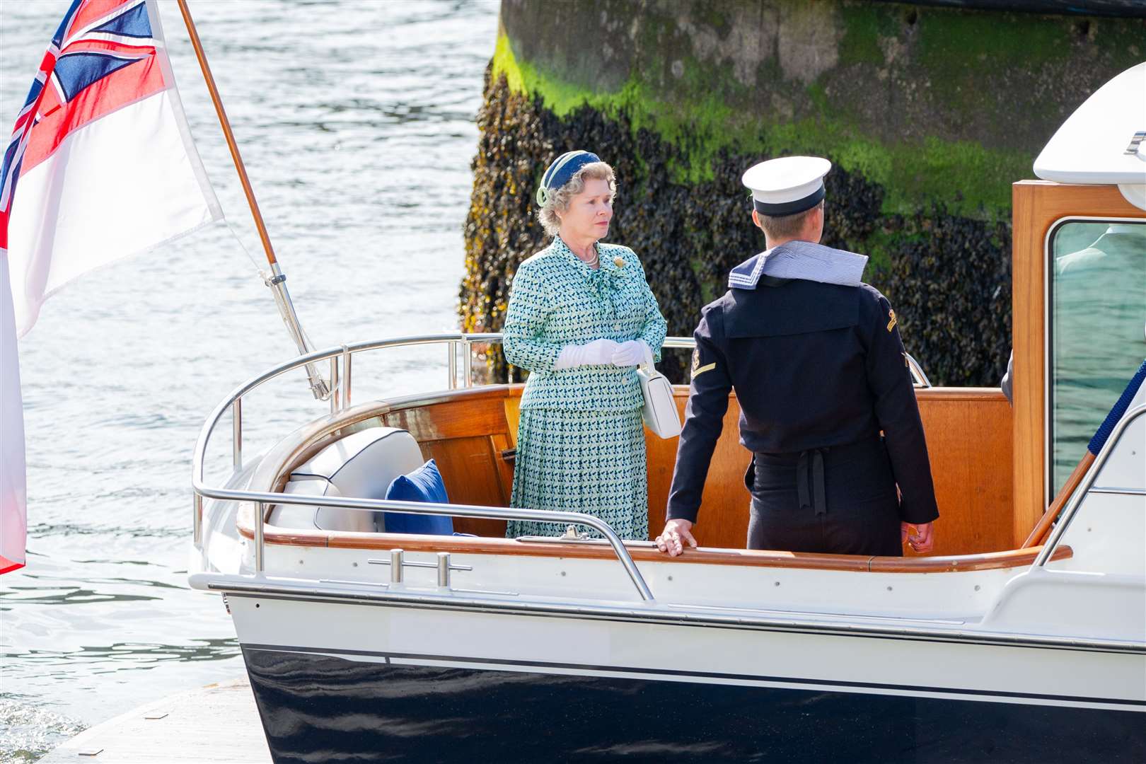 Imelda Staunton, playing the part of Queen Elizabeth II, during filming for Netflix drama The Crown at Macduff Harbour in August. Picture: Daniel Forsyth.