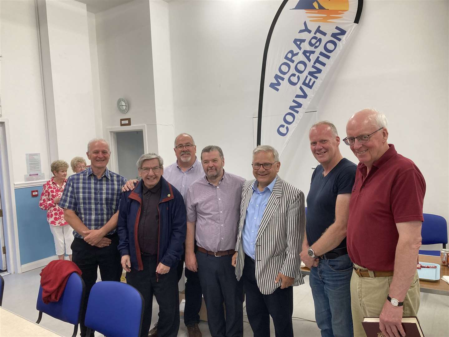Moray Coast Convention chairman Bill Mowat (third left), and guest speakers Roger Carswell (third right) and Rev Dr Colin Dow (second right) are joined by committee members (from left) Alex Bain, Graeme Thain, Rev Graham Swanson and John Matheson. Picture: Moray Coast Convention