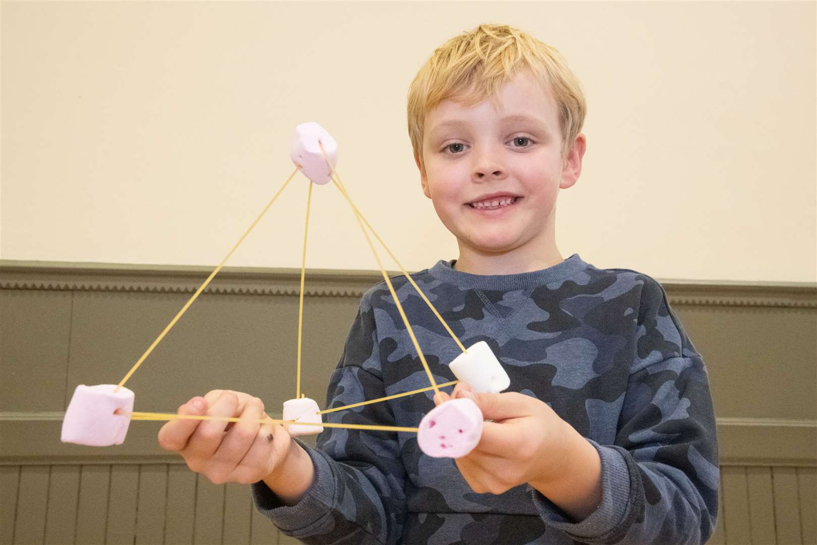 Cody Telfer with a structure made from spaghetti and marshmallows. Picture: Daniel Forsyth