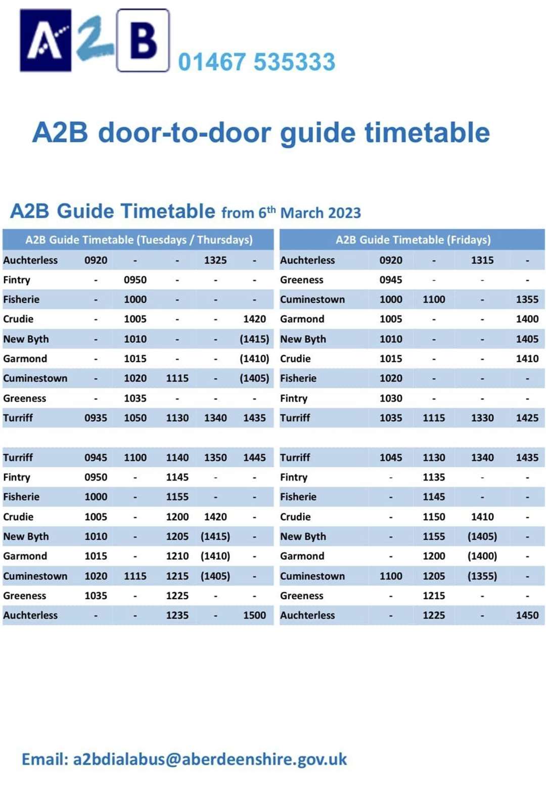 The A2B timetable