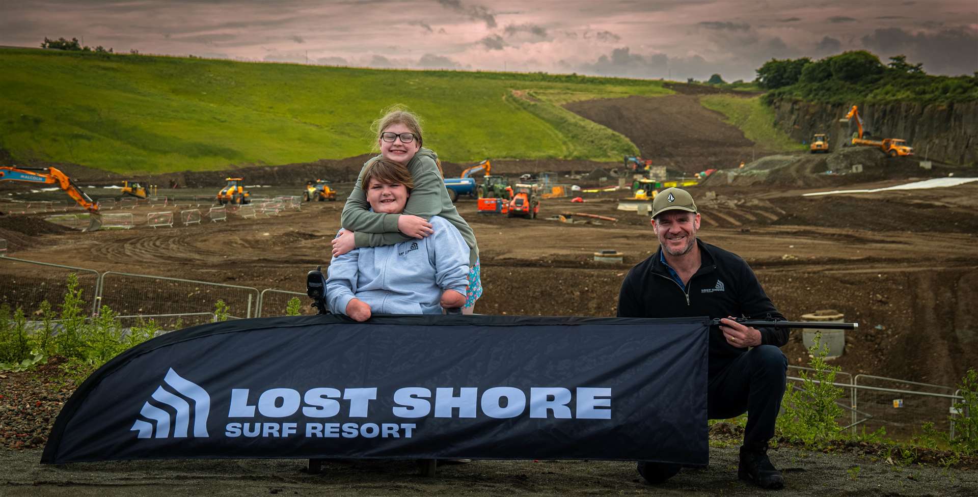 Jade Edward and her sister Linsey, with founder of Lost Shore Surf Resort, Andy Hadden