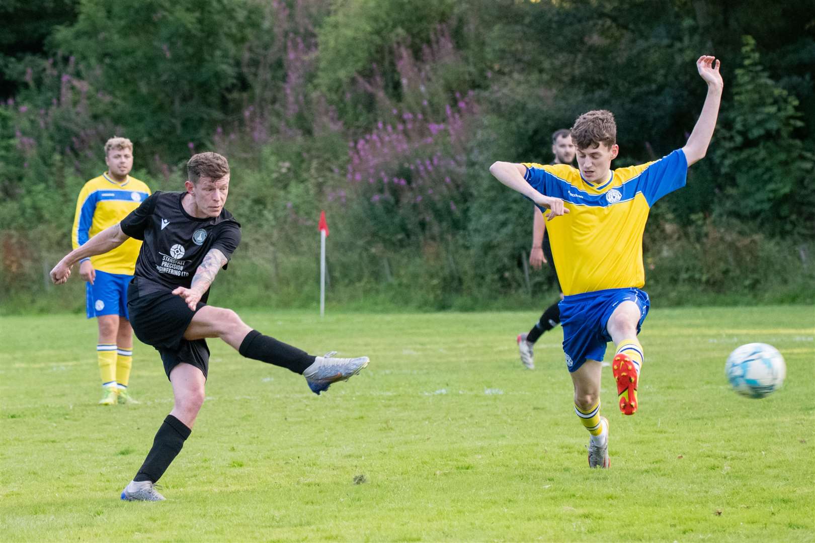 Craigellachie's Aaron O'Hara takes a shot on goal...Picture: Daniel Forsyth..