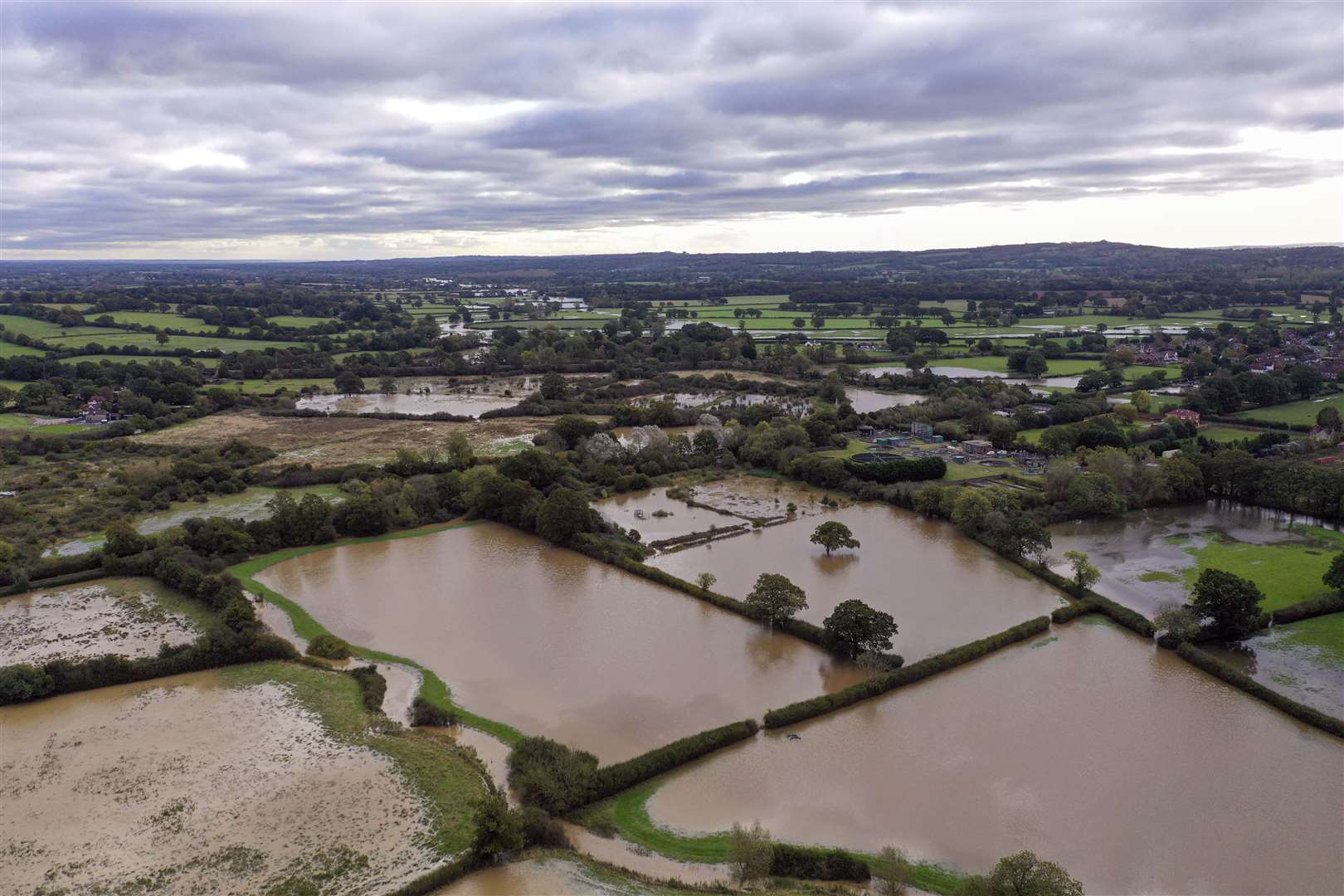 Flooded fields near Lingfield in Surrey, after southern England was hit overnight by heavy rain and strong winds (Steve Parsons/PA)