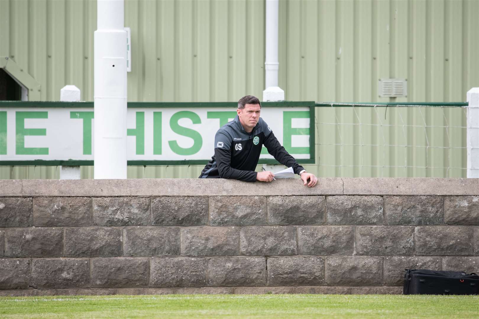Buckie Thistle manager Graeme Stewart was banned from the dugout...Buckie Thistle (1) vs Ross County (1) - Ross County win the penalty shootout - Premier Sports League Cup at Victoria Park, Buckie, 09/07/2022...Picture: Daniel Forsyth..