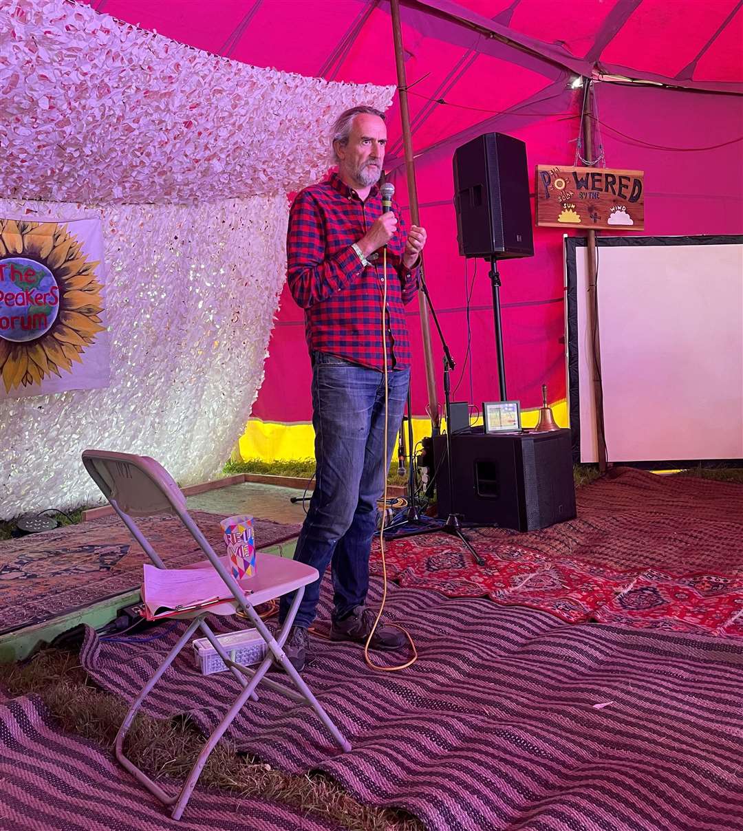 Roger Hallam speaking at Speaker’s Corner during the Glastonbury Festival at Worthy Farm in Somerset (Edward Dracott/PA)