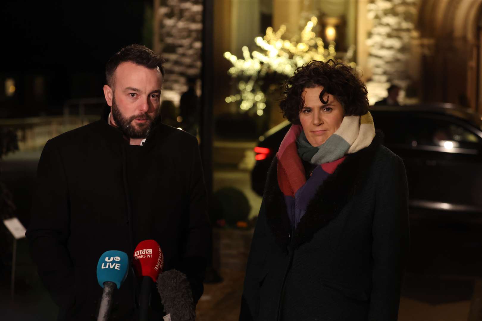 SDLP leader Colum Eastwood and party colleague Claire Hanna after meeting the Prime Minister (Liam McBurney/PA)