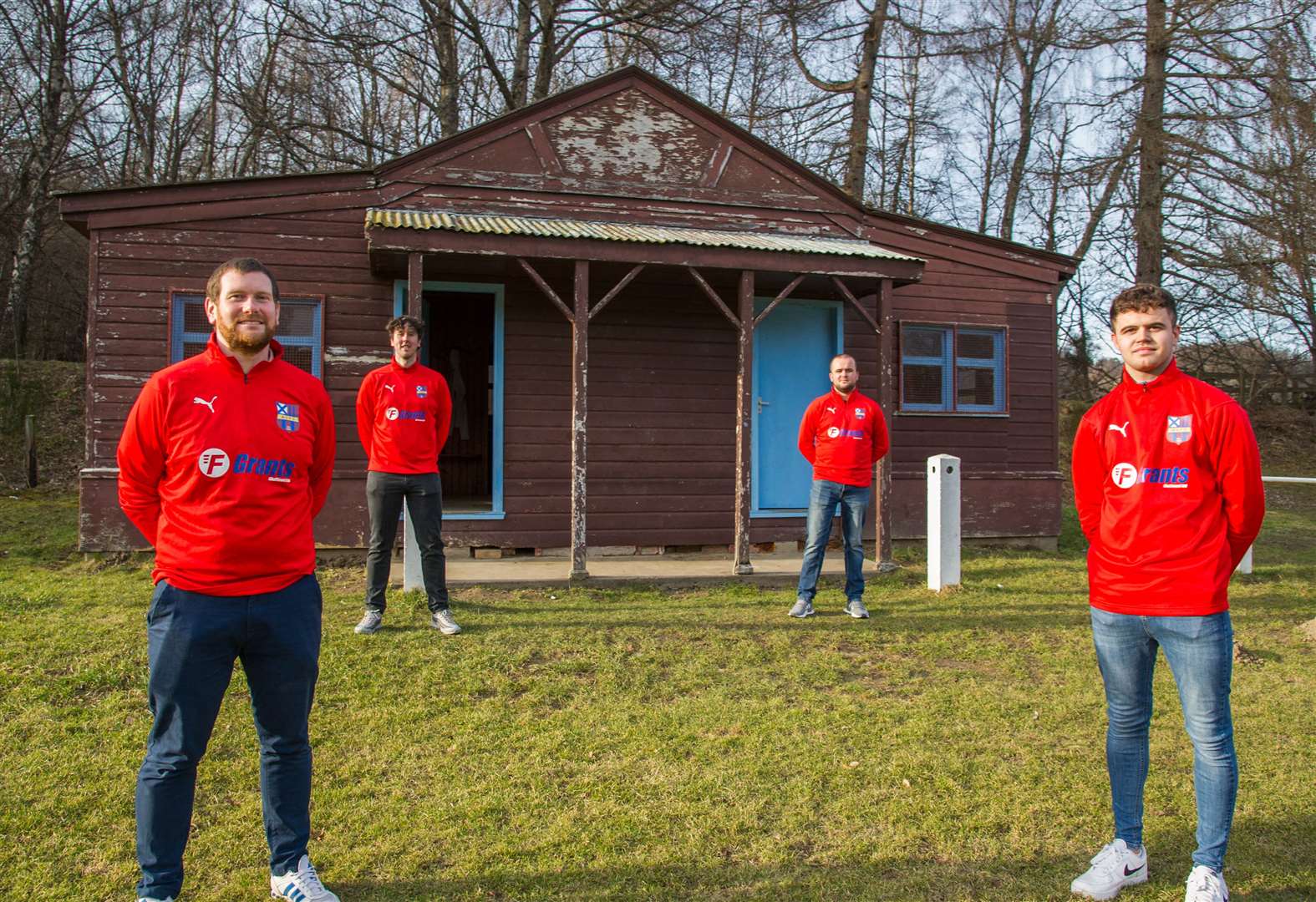 (From left) Aberlour Villa Football Club committee chairman Jake Gordon, and members Ryan Mellis, Lee Donald and Greig Donald at Villa Park's 50-year-old pavilion, which is "on its last legs". Picture: Becky Saunderson.