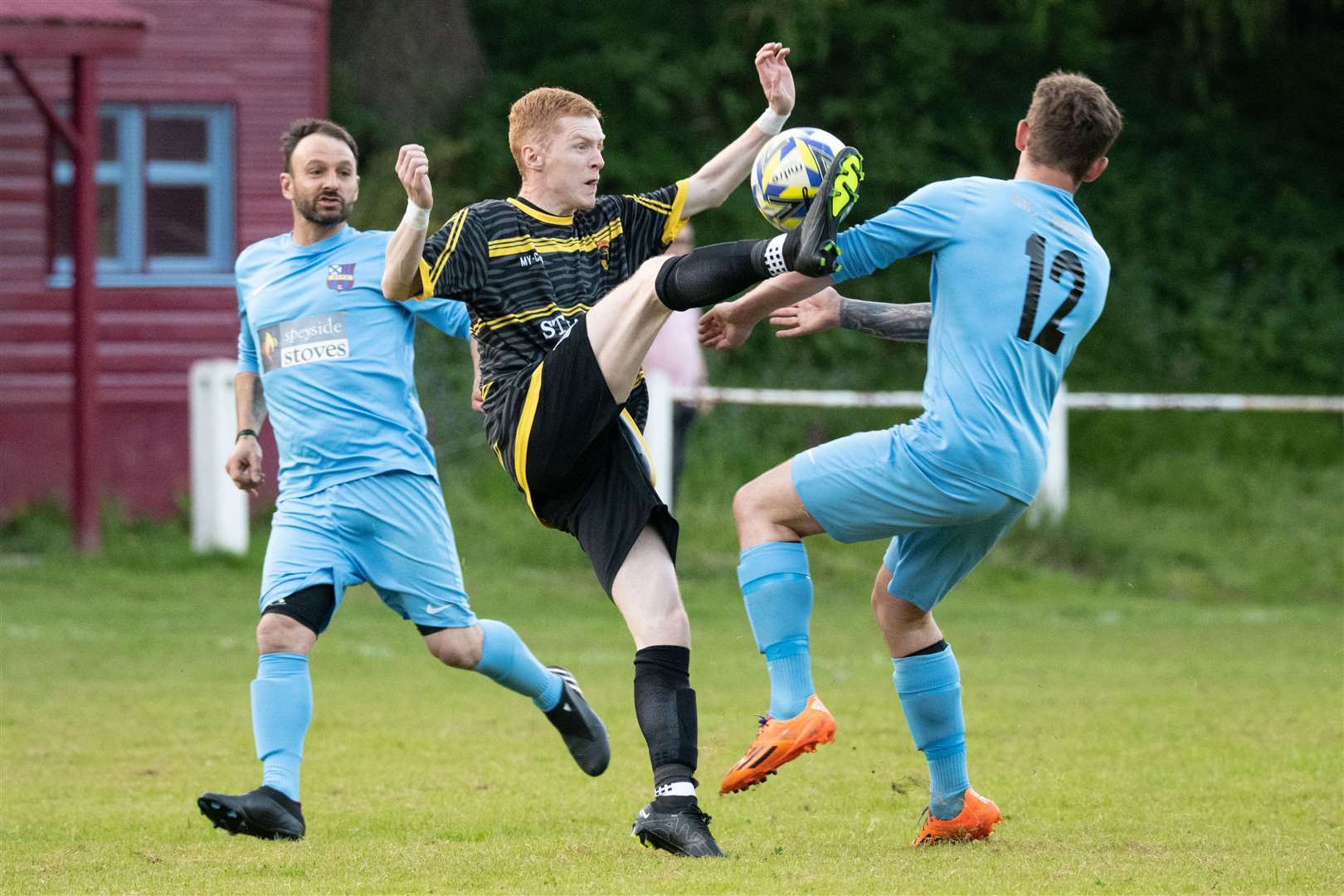 Marcus Murray (right) netted a hat-trick for Aberlour. Picture: Daniel Forsyth..