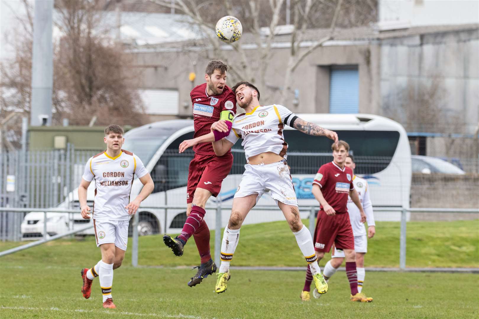 Forres' Martin Groat and Keith's James Brownie in an aerial joust at Kynoch Park. Picture: Beth Taylor.