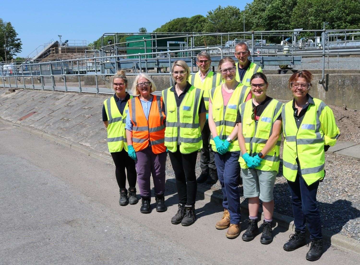 The group after touring the WWTW: (L to R) Leah Alexander (Scottish Water), Cllr Isobel Davidson, Nina Ker (Scottish Water), Mark Andrew (Clerk of the Ythan District Salmon Fishery Board), Lauren Dunkley (East Grampian Coastal Partnership), Andy Will (Scottish Water), Lauren Smith (East Grampian Coastal Partnership) and Cllr Anouk Kloppert (River Ythan Trust)