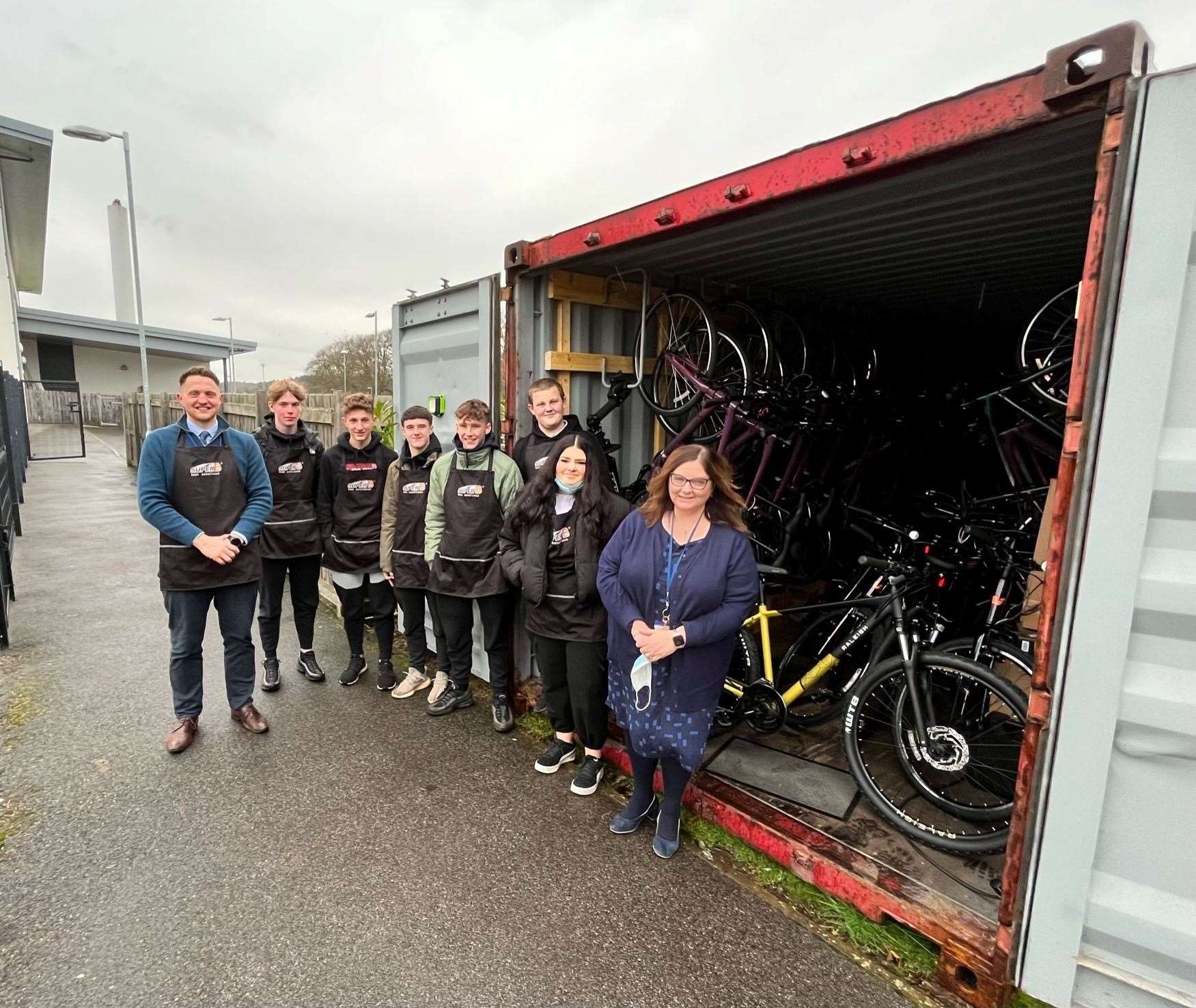 Nat Coe (far left) and Pauline Buchan (far right) with a group of pupils looking forward to takingadvantage of the Ellon Academy Bike Library when it starts on Tuesday, March 1..