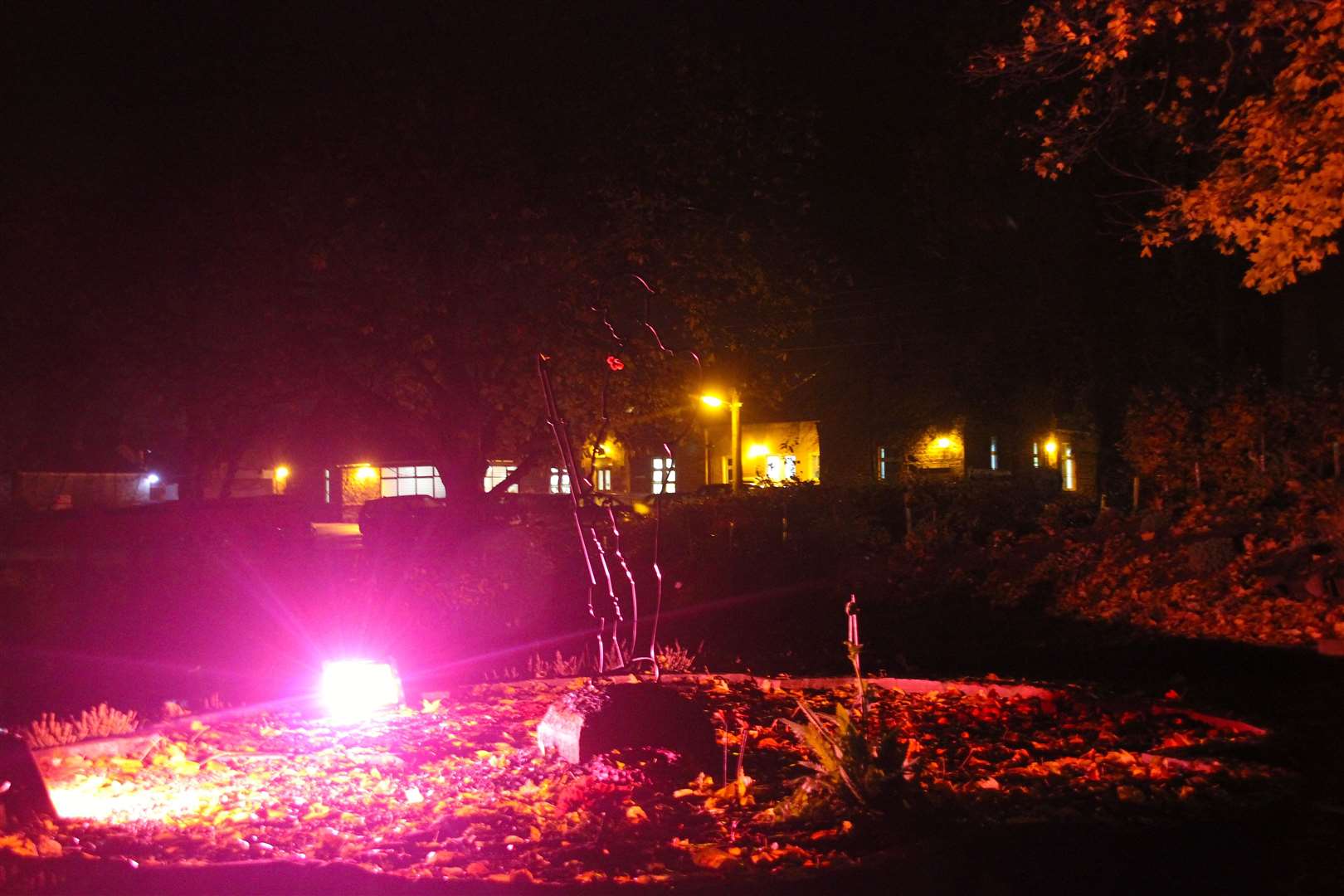 The soldier outline in the memorial garden is glowing red in the dark this week.