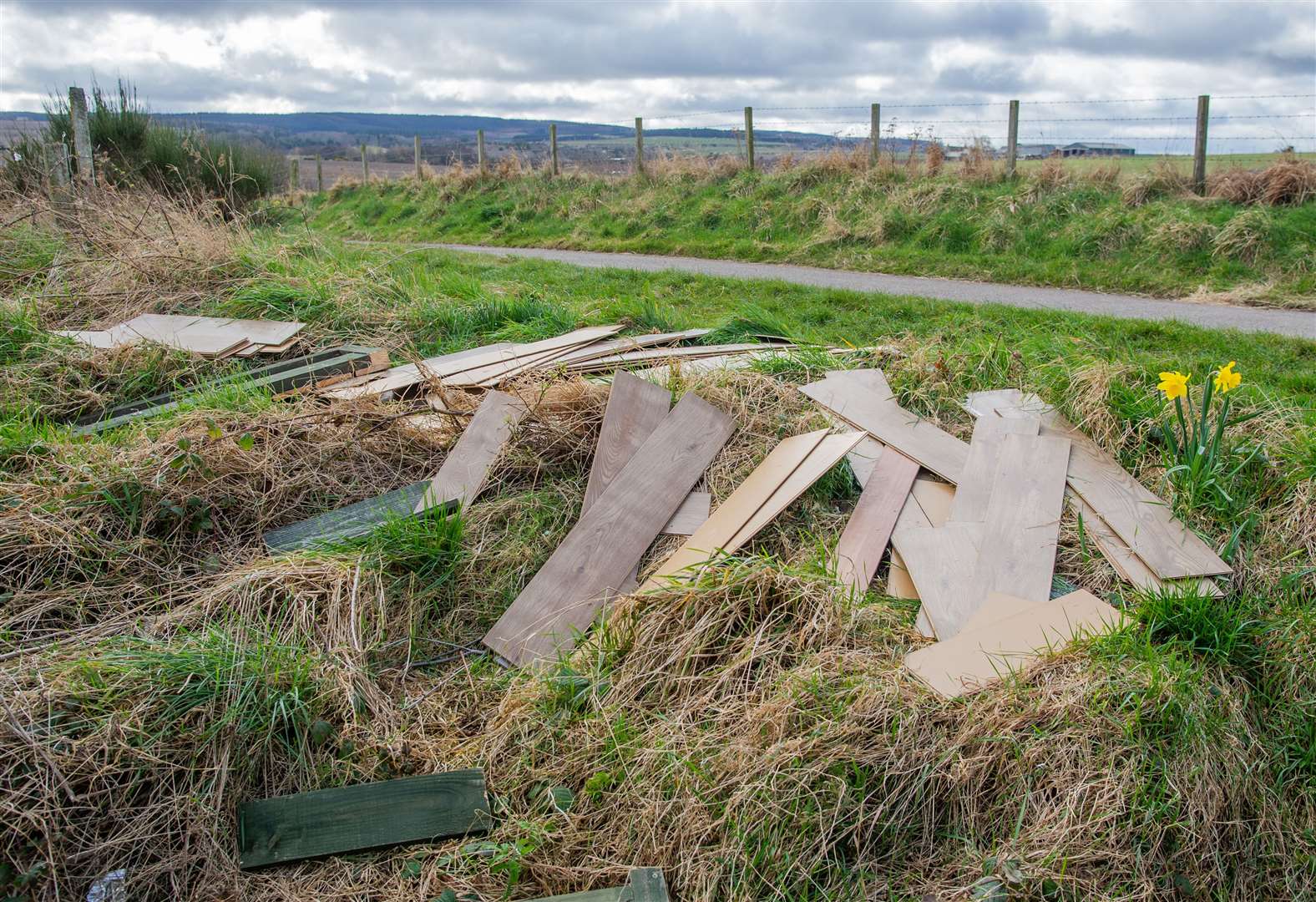 Laminate flooring which has been dumped beside Gollachy Recycling Centre in Buckie. Picture: Daniel Forsyth.