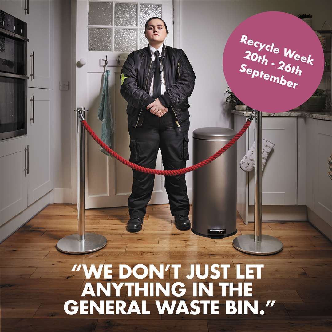 The supporting campaign for the digital recycling tool features a security doorwoman guarding the residual waste bin with a cornered off rope barrier.