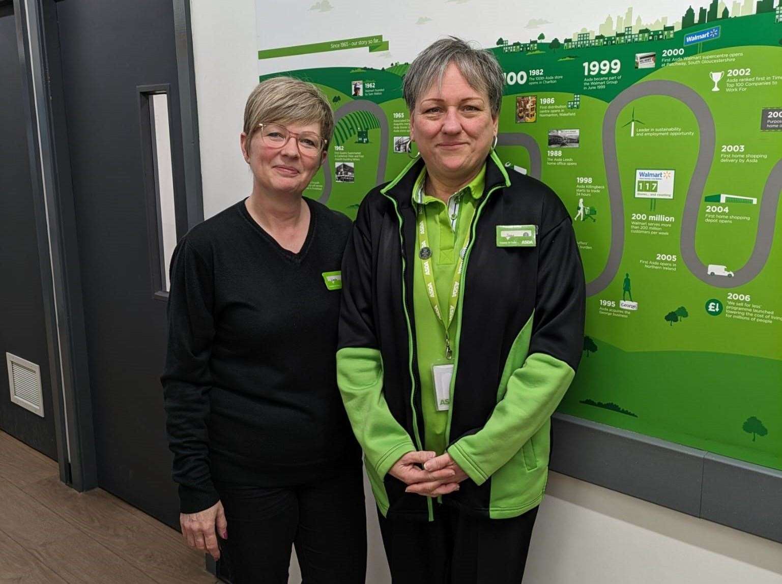 Store Manager Linda Morrison (left) with ,Jane Bradshaw, Home Shopping Picker at Asda Huntly.