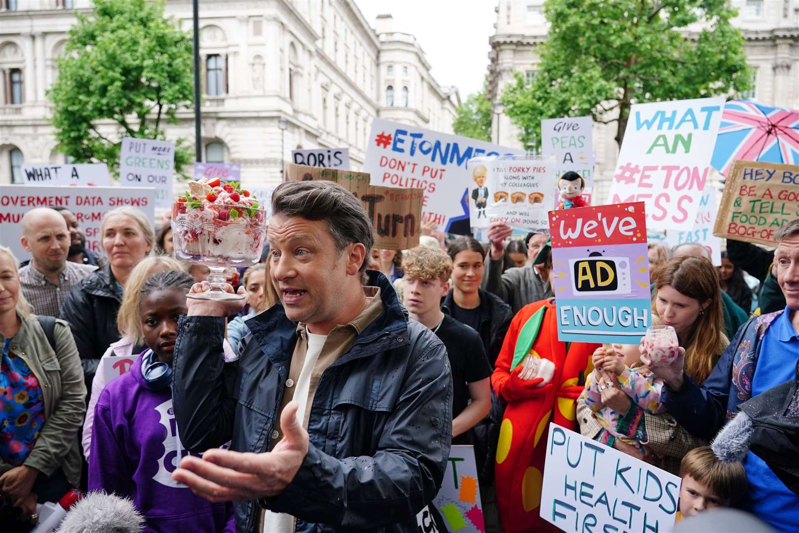 Chef Jamie Oliver takes part in the What An Eton Mess demonstration outside Downing Street, calling for Boris Johnson to reconsider his U-turn on the Government’s anti-obesity strategy (Dominic Lipinski/PA)