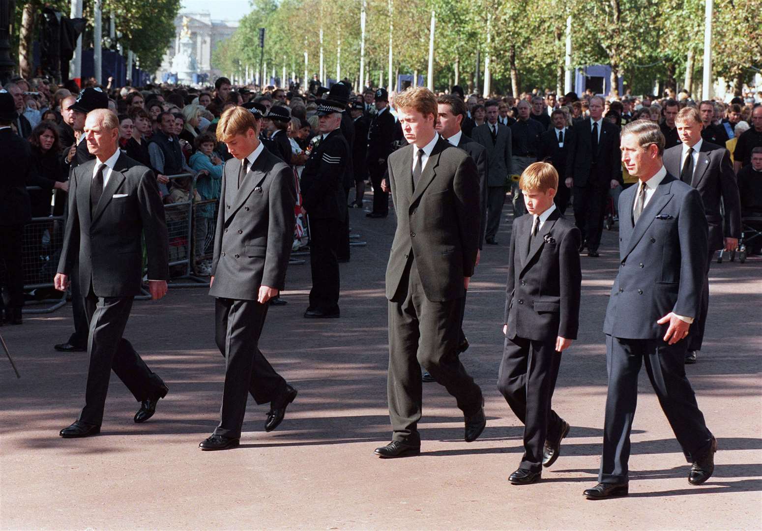 The Duke of Edinburgh, Prince William, Earl Spencer, Prince Harry and the Prince of Wales following Diana’s coffin in 1997 (Tony Harris/PA)