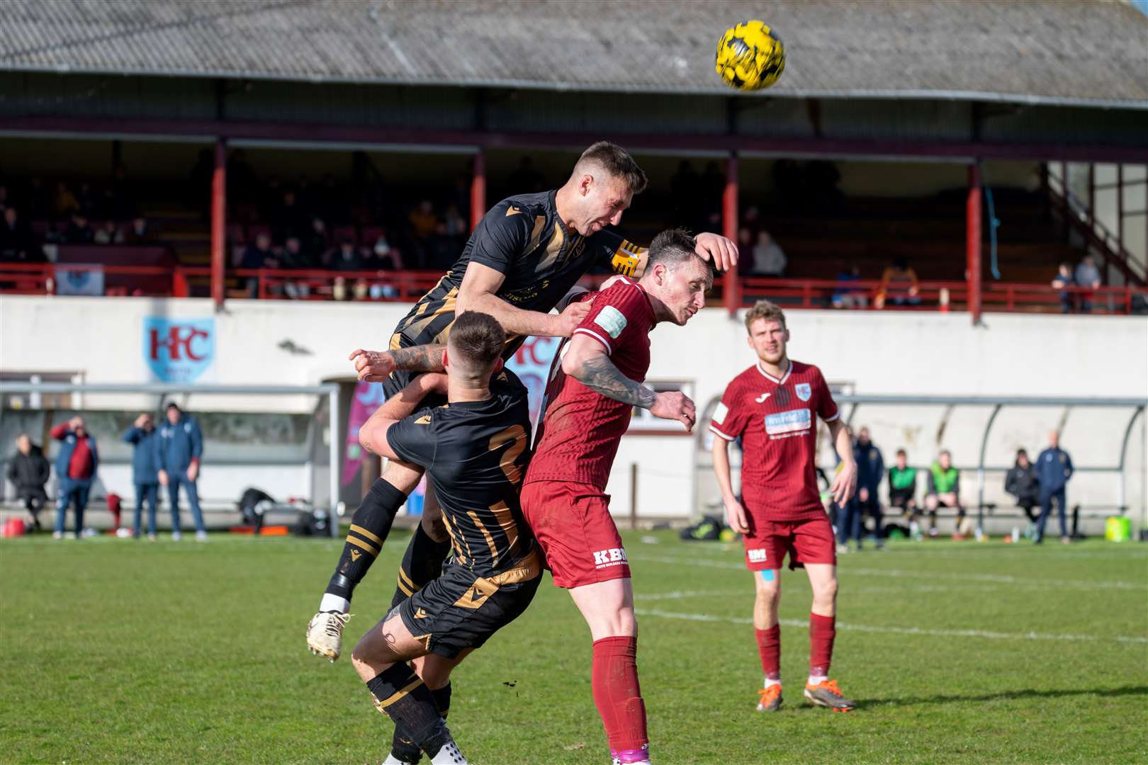 EL_Keith v Huntly 17Keith's Michael Taylor and Huntly's James Connelly and Michael Clark battle it out for the ball.Keith F.C (1) v Huntly F.C (0) at Kynoch Park, Keith. Highland Football League.Picture: Beth Taylor