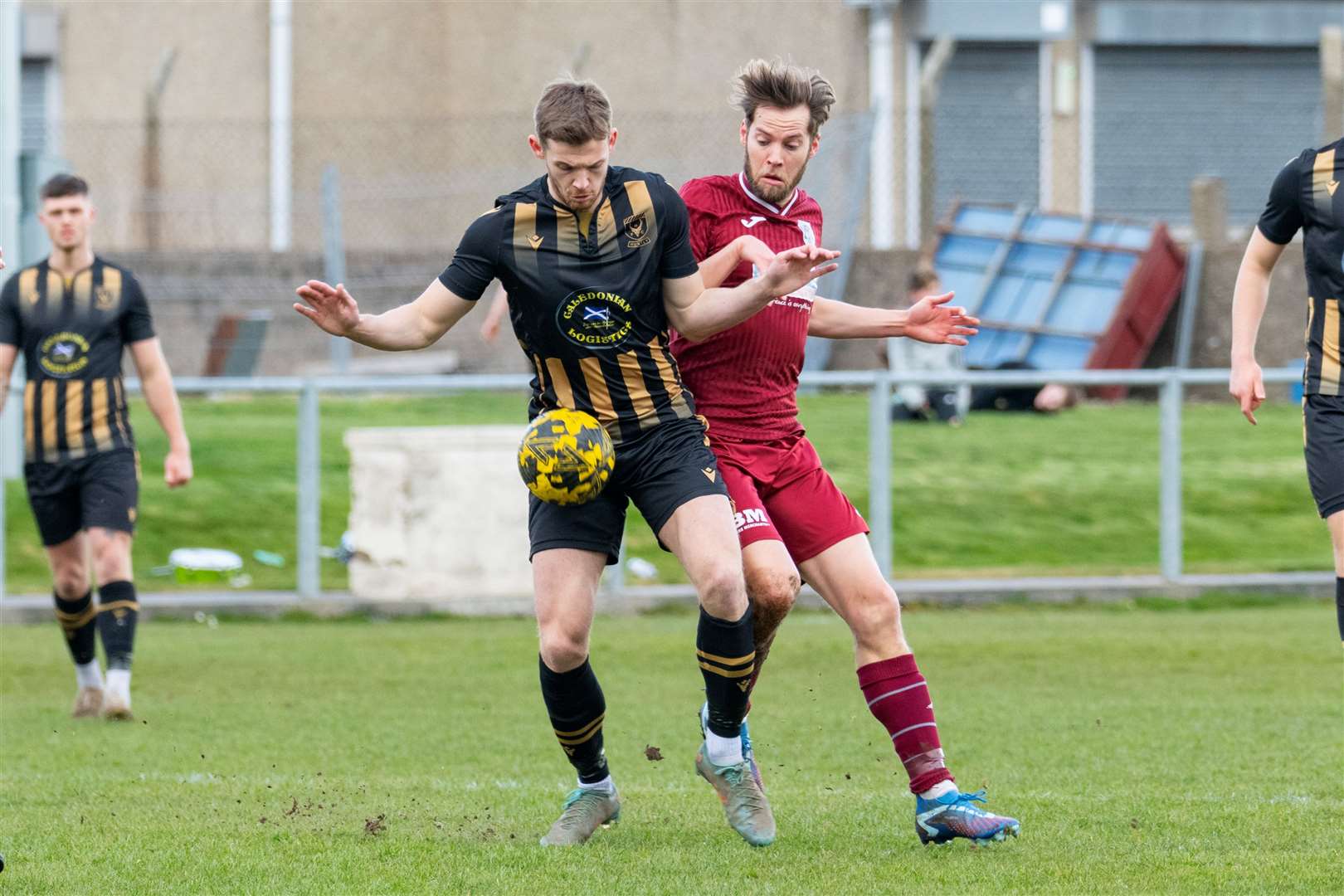 Huntly's Andrew Hunter blocks Keith's James Brownie from the ball. Keith F.C (1) v Huntly F.C (0) at Kynoch Park, Keith. Highland Football League.Picture: Beth Taylor