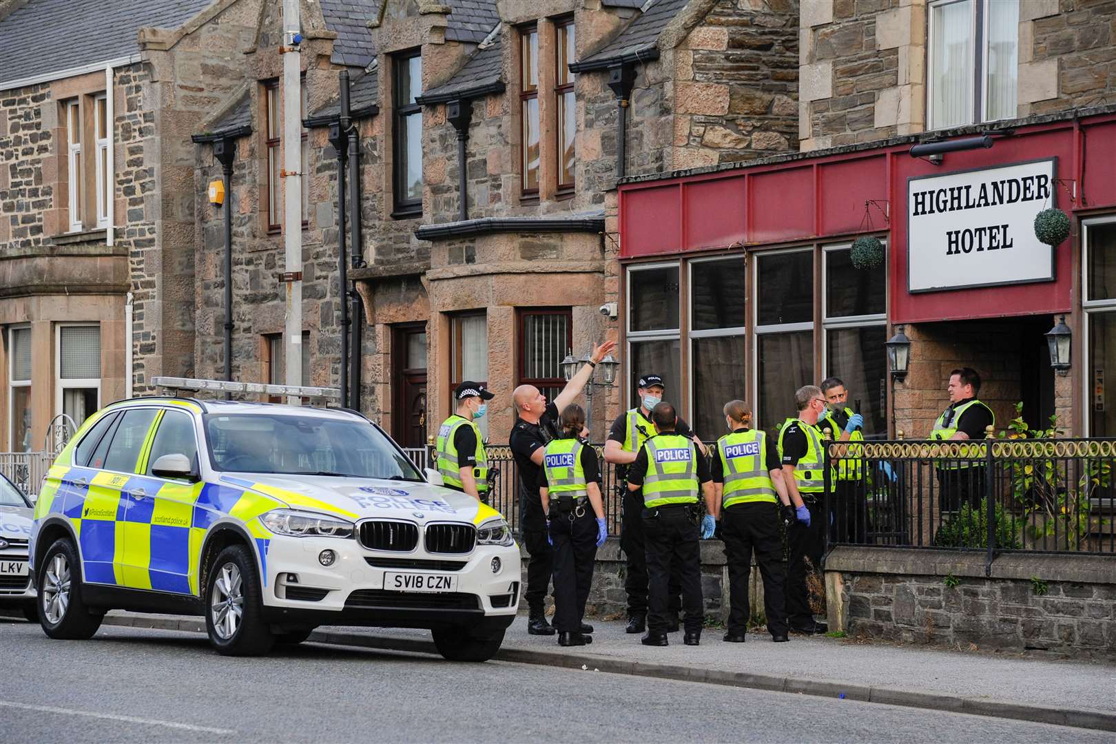A large police presence at the Highlander Hotel on East Church Street in Buckie in the early evening of Sunday September 20.  Photo: Eric Cormack.