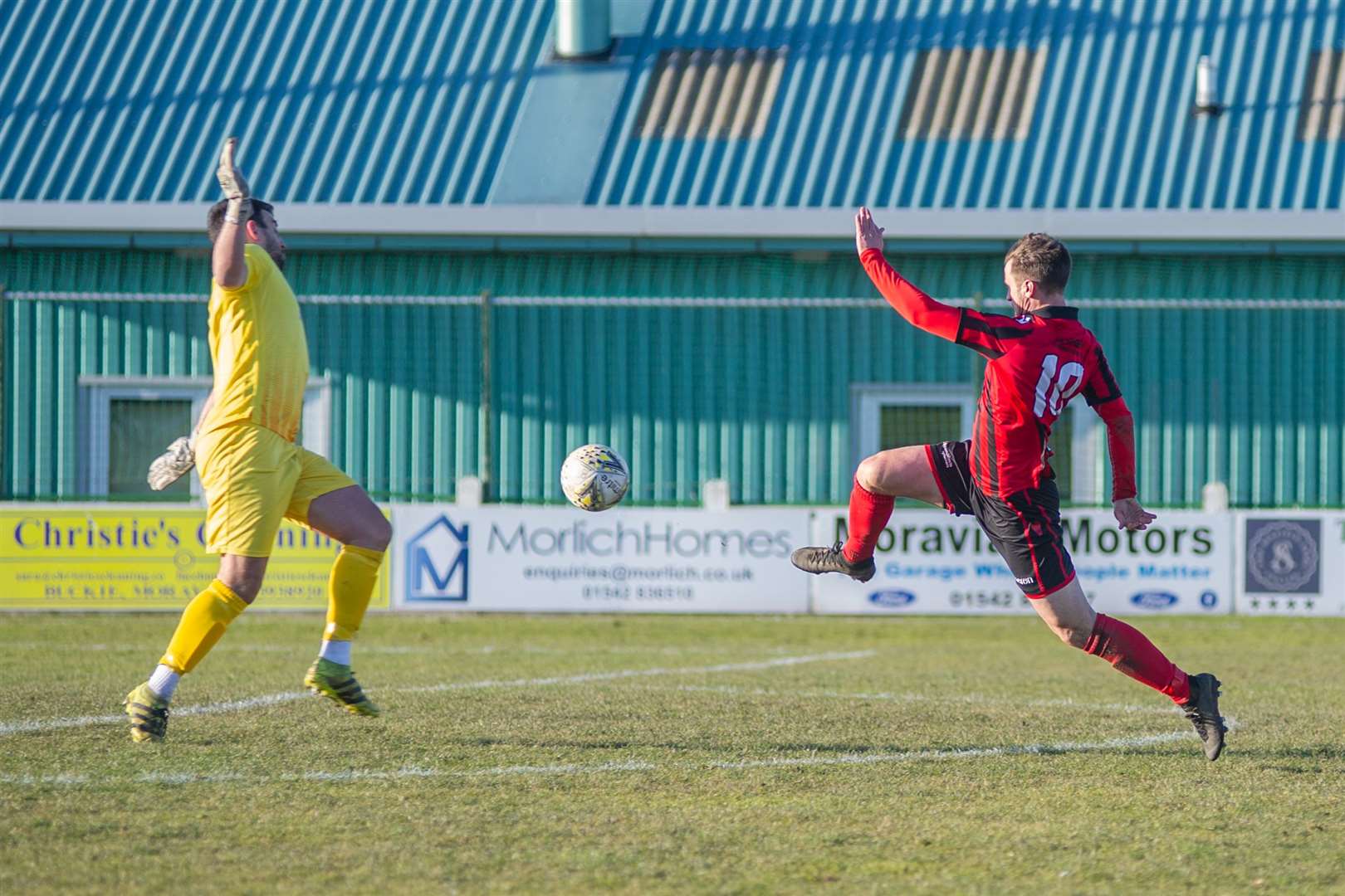 Buckie Thistle keeper Daniel Bell pulls off an impressive close range save from Inverurie's Kyle Gordon to deny the visitors a first half lead.Picture: Daniel Forsyth
