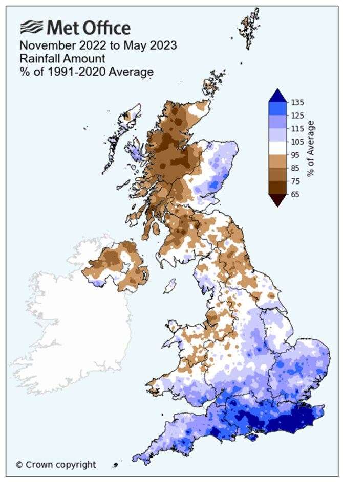 Rainfall from November 2022 to May 2023 compared with average. The blue areas have experienced above-average rainfall for the seven-month period, whereas the brown shaded in brown have experienced below-average rainfall. The white areas of the UK have seen broadly average rainfall (handout/Met Office/PA)