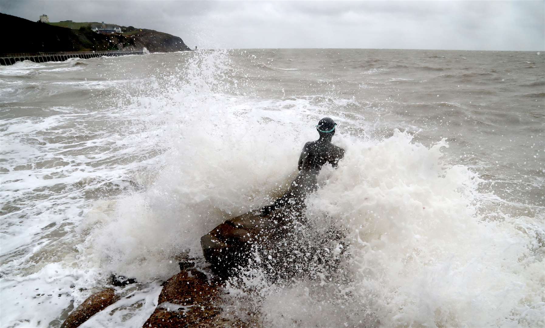 Stormy seas around the Folkestone Mermaid statue (Gareth Fuller/PA)