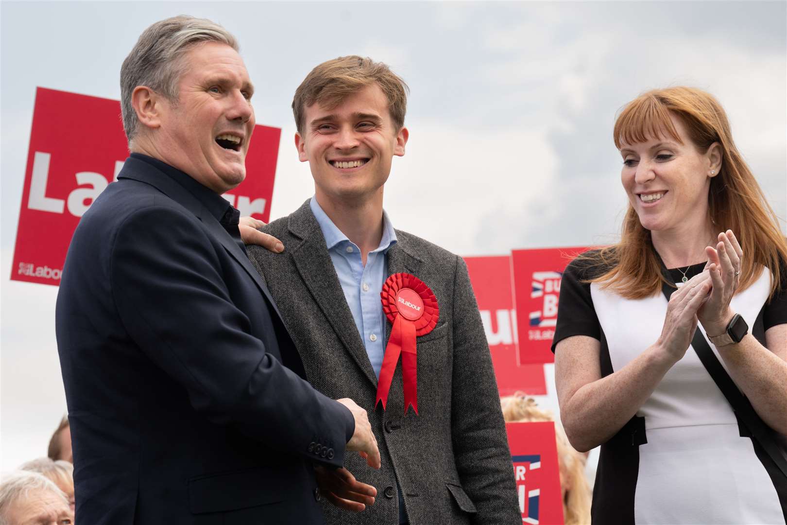 Keir Mather (centre) with Labour leader Sir Keir Starmer and Angela Rayner following his election win (Stefan Rousseau/PA)