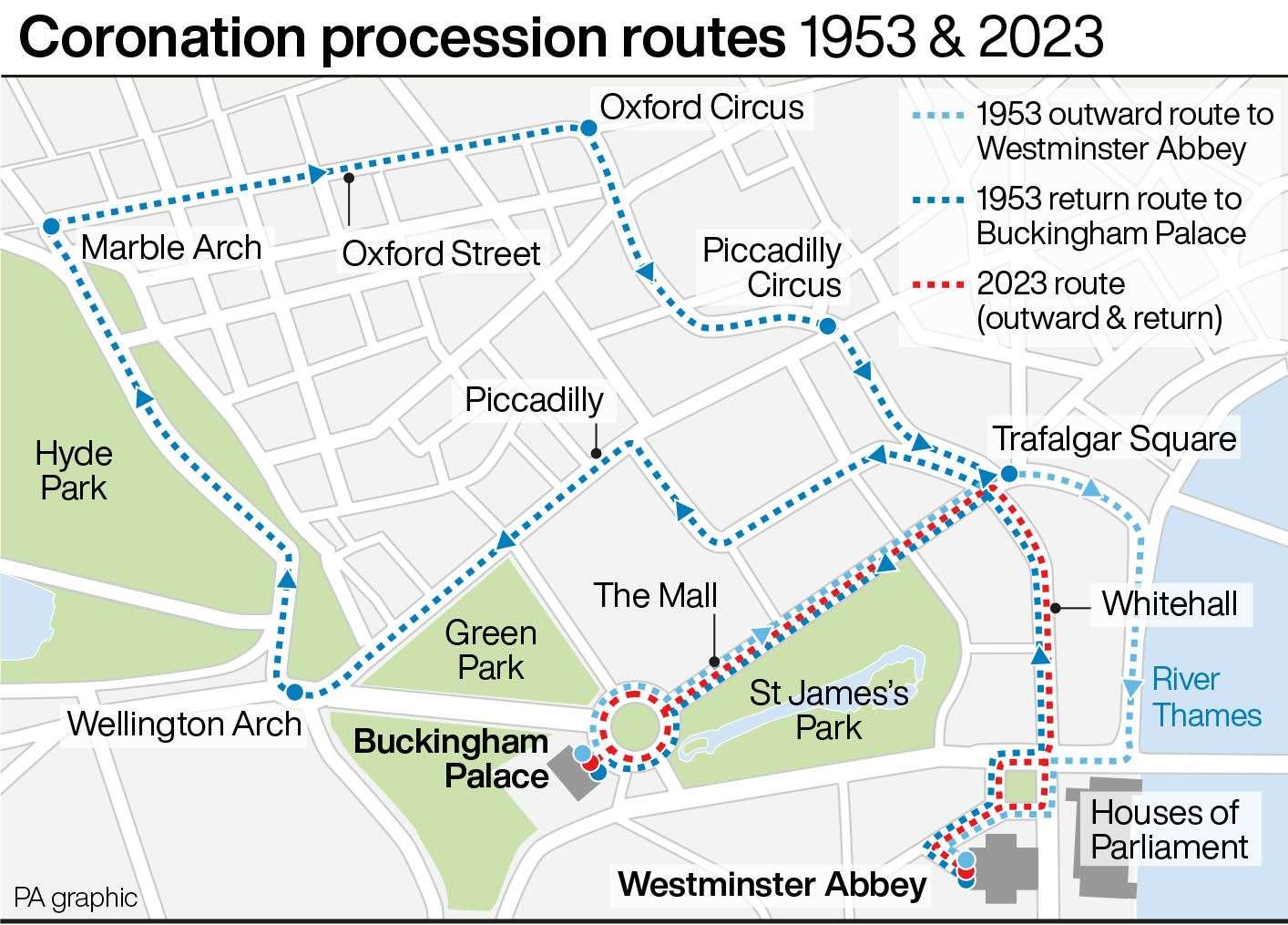The coronation routes in 1953 and 2023 (PA)