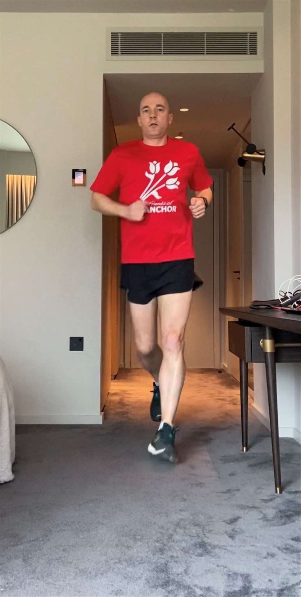Matt clocking up a 10k run in his London hotel room.