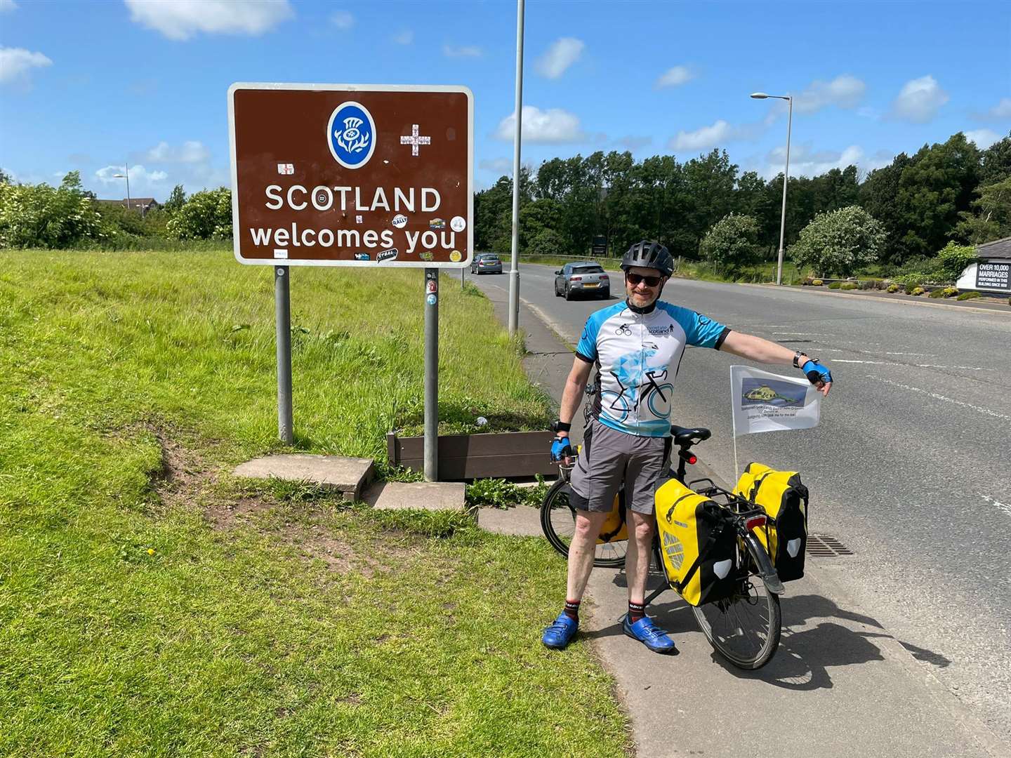 Barry Watt at the Scottish border, homeward bound.