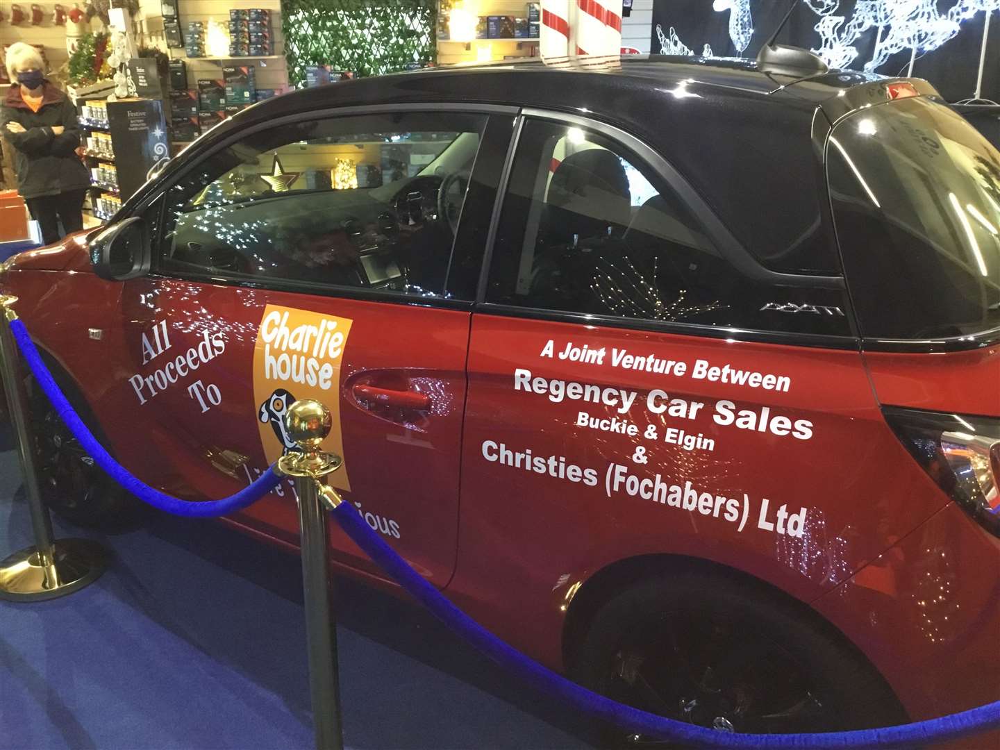 The Vauxhall Adam car being raffled at Christies of Fochabers, with all proceeds going to Charlie House.