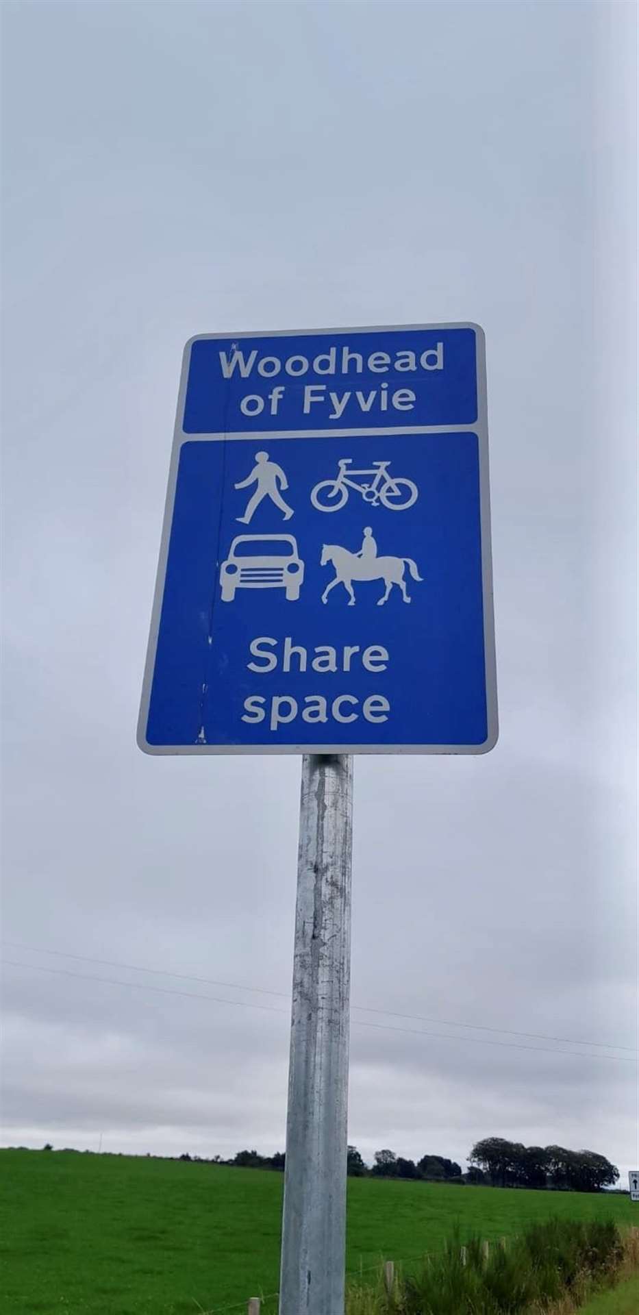 The signs indicate the shared space to drivers and cyclists