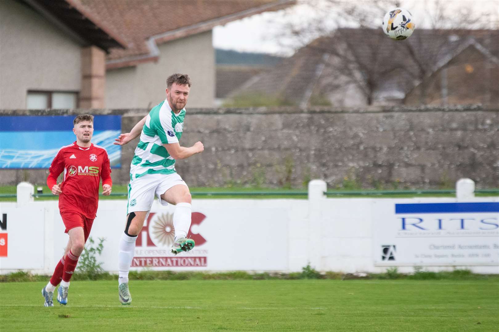Buckie Thistle's Josh Peters forced a good save from Lossie keeper Arran Anderson with this shot.Buckie Thistle FC (2) vs Lossiemouth FC (1) - Highand Football League 24/25 - Victoria Park, Buckie 02/11/2024.Picture: Daniel Forsyth.