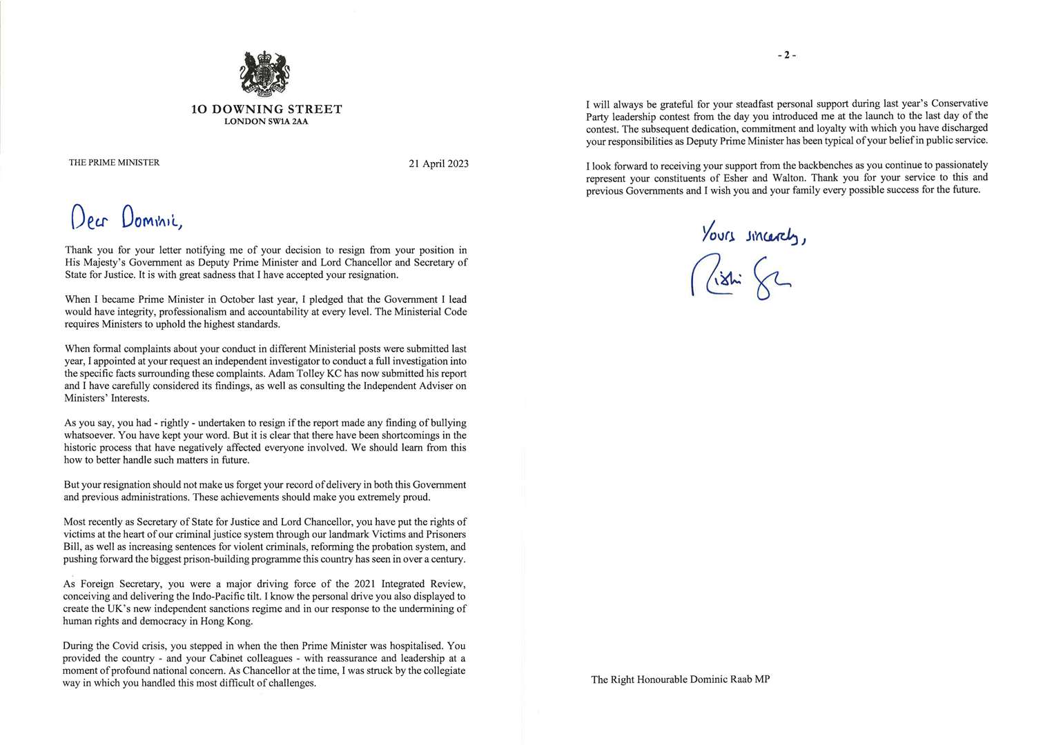 The letter by Rishi Sunak to Dominic Raab following his resignation (Downing Street/PA)
