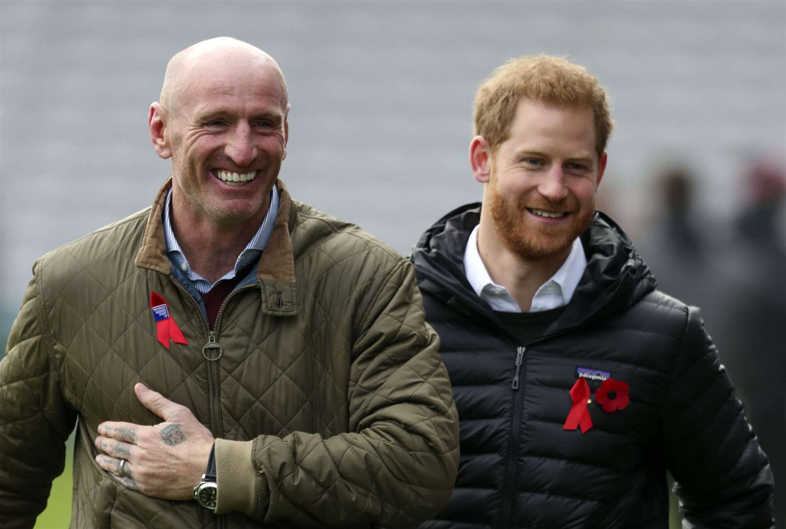 The Duke of Sussex (right) attends a Terrence Higgins Trust event with former Wales rugby captain Gareth Thomas (left) at the Stoop, Twickenham, ahead of National HIV Testing Week (PA)