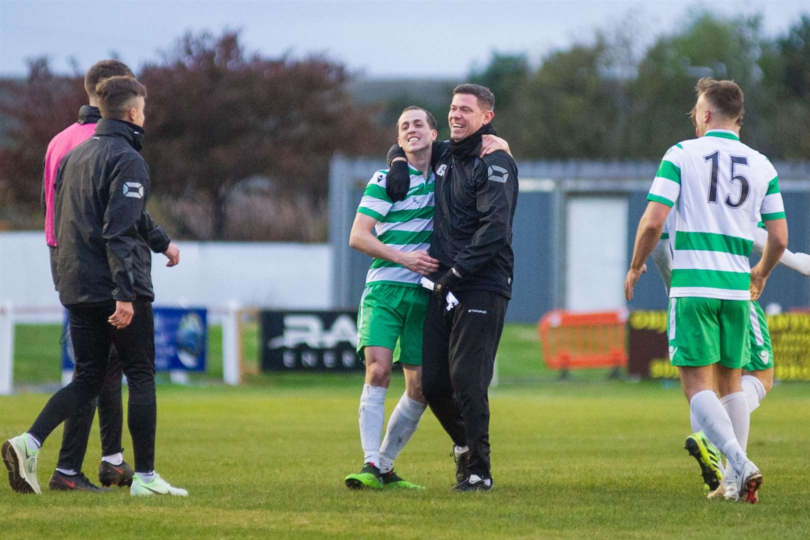 When the season was in action.....Buckie boss Graeme Stewart celebrates a win with captain Kevin Fraser. Photo: Daniel Forsyth.
