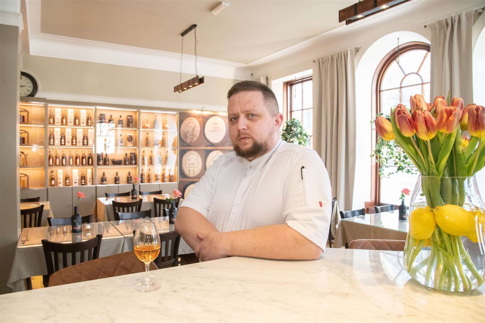 Ian Rainbird, chef manager toasts The Bank Restaurant in Huntly which opens tonight. Picture: Daniel Forsyth.