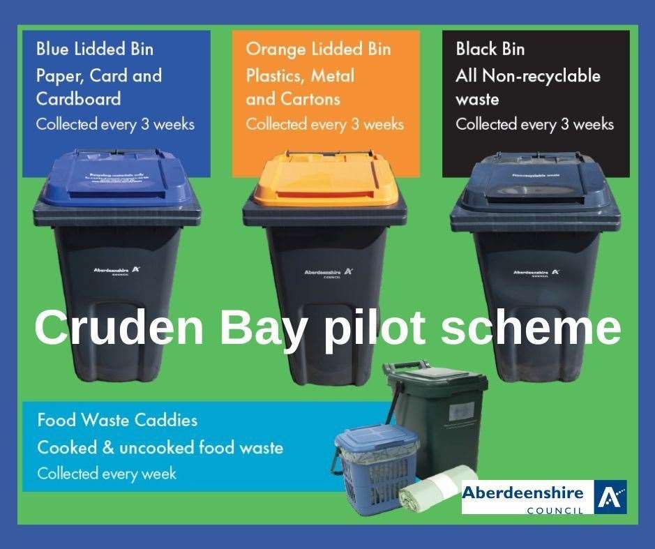 Cruden Bay residents will pilot Aberdeenshire Council's new three-weekly household recycling and waste collections.